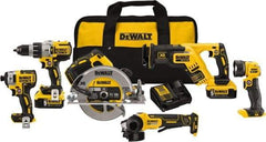 DeWALT - 20 Volt Cordless Tool Combination Kit - Includes 1/2" Brushless Hammerdrill, 1/4" Brushless Impact Driver, Brushless Reciprocating Saw, 7-1/2" Brushless Circular Saw, Cut-Off Tool/Grinder & LED Worklight, Lithium-Ion Battery Included - Top Tool & Supply