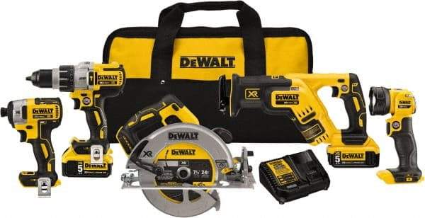 DeWALT - 20 Volt Cordless Tool Combination Kit - Includes 1/2" Brushless Hammerdrill, 1/4" Brushless Impact Driver, Brushless Reciprocating Saw, 7-1/2" Brushless Circular Saw & LED Worklight, Lithium-Ion Battery Included - Top Tool & Supply