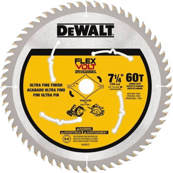 DeWALT - 7-1/4" Diam, 15.88mm Arbor Hole Diam, 60 Tooth Wet & Dry Cut Saw Blade - Steel, Smooth Action, Standard Round Arbor - Top Tool & Supply