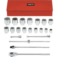 Proto - 22 Piece 1" Drive Chrome Finish Socket Set - 12 Points, 1-1/2" to 3-1/2" Range, Inch Measurement Standard - Top Tool & Supply