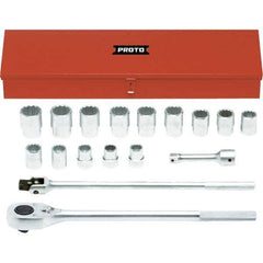 Proto - 17 Piece 1" Drive Chrome Finish Socket Set - 12 Points, 1-1/16" to 2" Range, Inch Measurement Standard - Top Tool & Supply