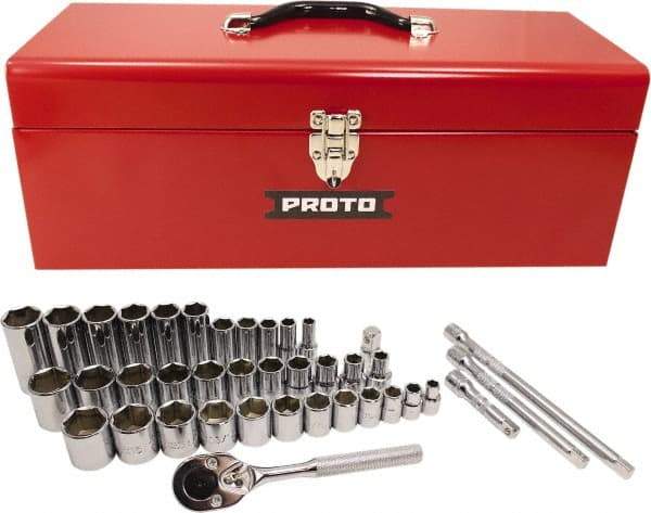 Proto - 39 Piece 3/8" & 1/2" Drive Chrome Finish Deep Well Socket Set - 6 Points, 5/16" to 1" Range, Inch Measurement Standard - Top Tool & Supply