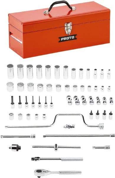 Proto - 58 Piece 3/8" Drive Chrome Finish Deep Well Socket Set - 8, 12 Points, 1/4" to 1" Range, Inch Measurement Standard - Top Tool & Supply