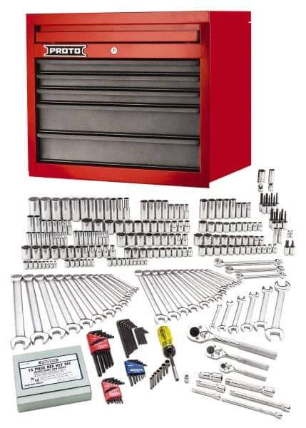 Proto - 302 Piece 1/4", 3/8" & 1/2" Drive Chrome Finish Deep Well Socket Set - 6, 12 Points, 5/32" to 1-1/2" (4mm to 24mm) Range, Inch/Metric Measurement Standard - Top Tool & Supply