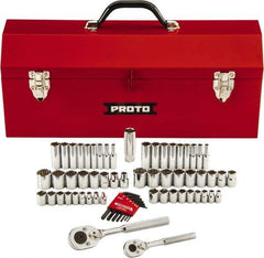 Proto - 63 Piece 1/4" & 3/8" Drive Chrome Finish Deep Well Socket Set - 6, 12 Points, 1/8" to 3/4" (5mm to 18mm) Range, Inch/Metric Measurement Standard - Top Tool & Supply