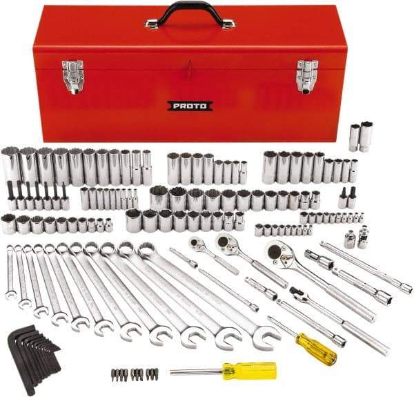 Proto - 148 Piece 1/4, 3/8 & 1/2" Drive Standard Deep Socket Set - 6 & 12 Points, 5/32 to 1-1/8", Inch Measurement Standard - Top Tool & Supply