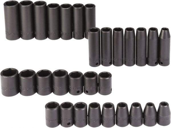 Proto - 30 Piece 1/2" Drive Black Finish Deep Well Impact Socket Set - 6 Points, 8mm to 24mm Range, Metric Measurement Standard - Top Tool & Supply