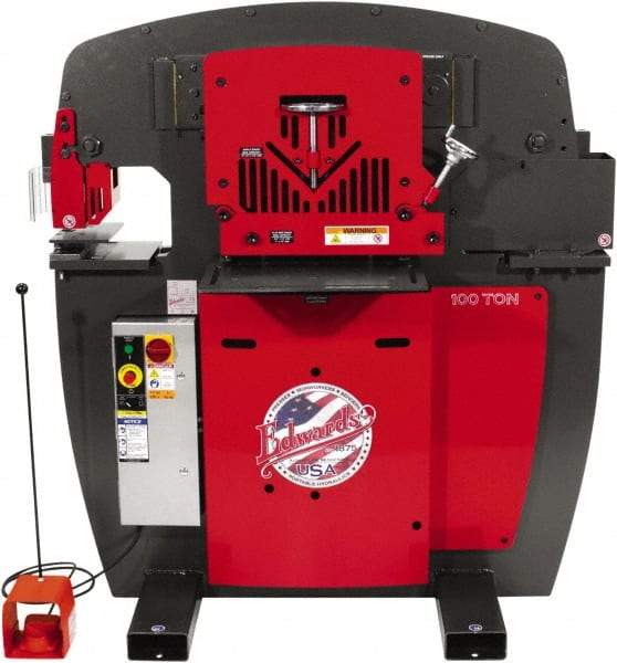 Edwards Manufacturing - 11" Throat Depth, 100 Ton Punch Pressure, 1-1/16" in 1" Punch Capacity Ironworker - 7-1/2 hp, 3 Phase, 460 Volts, 56-1/8" Wide x 61-11/16" High x 45" Deep - Top Tool & Supply