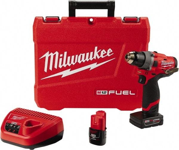 Milwaukee Tool - 12 Volt 1/2" Chuck Pistol Grip Handle Cordless Drill - 0-1700 RPM, Keyless Chuck, Reversible, 2 Lithium-Ion Batteries Included - Top Tool & Supply