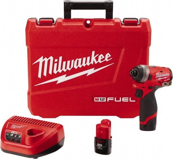 Milwaukee Tool - 1/4" Drive 12 Volt Pistol Grip Cordless Impact Wrench & Ratchet - 3,300 RPM, 0 to 4,000 BPM, 1,300 Ft/Lb Torque, 2 Lithium-Ion Batteries Included - Top Tool & Supply