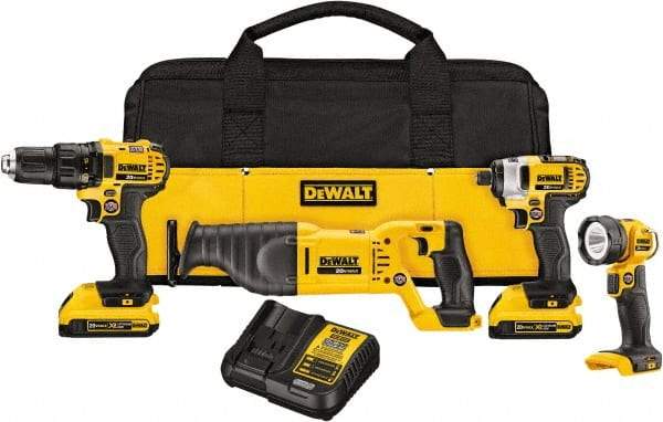 DeWALT - 20 Volt Cordless Tool Combination Kit - Includes 1/2" Drill/Driver, 1/4" Impact Driver, Reciprocating Saw & LED Worklight, Lithium-Ion Battery Included - Top Tool & Supply