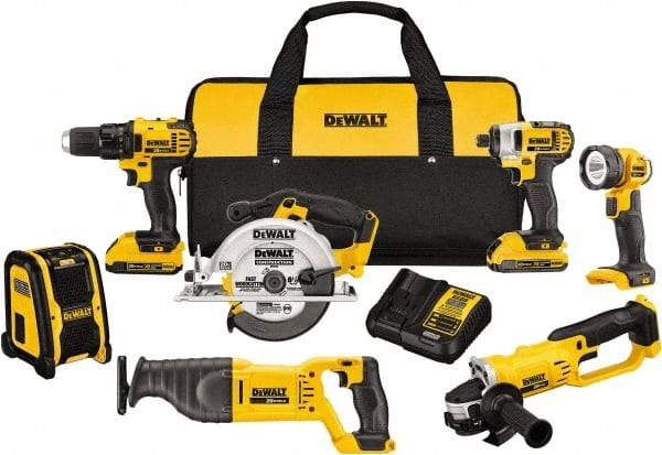 DeWALT - 20 Volt Cordless Tool Combination Kit - Includes 1/2" Compact Drill/Driver, 1/4" Impact Driver, Cut-off Tool/Grinder, Reciprocating Saw, 6-1/2 Circular Saw, LED Worklight & Bluetooth Speaker, Lithium-Ion Battery Included - Top Tool & Supply