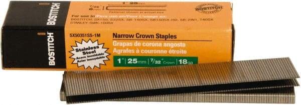 Stanley Bostitch - 1" Long x 7/32" Wide, 18 Gauge Narrow Crown Construction Staple - Steel, Chisel Point - Top Tool & Supply