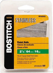 Stanley Bostitch - 16 Gauge 1/16" Shank Diam 2-1/2" Long Finishing Nails for Power Nailers - Stainless Steel, Smooth Shank, Straight Stick Adhesive Collation, Round Head, Chisel Point - Top Tool & Supply