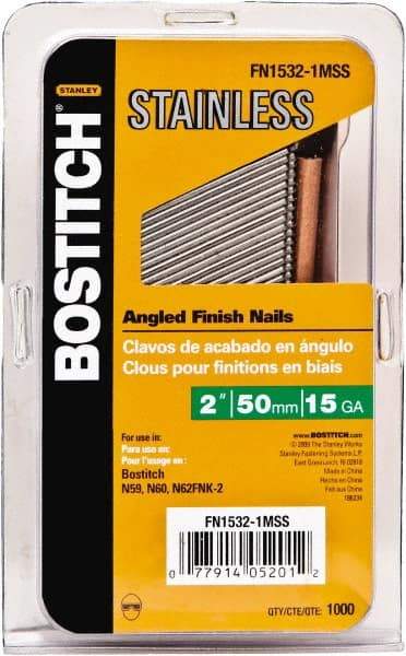 Stanley Bostitch - 15 Gauge 0.07" Shank Diam 1-1/2" Long Finishing Nails for Power Nailers - Stainless Steel, Smooth Shank, Angled Stick Adhesive Collation, Round Head, Chisel Point - Top Tool & Supply