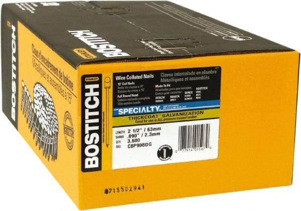 Stanley Bostitch - 13 Gauge 2-1/2" Long Siding Nails for Power Nailers - Steel, Galvanized Finish, Smooth Shank, Coil Wire Collation, Round Head, Blunt Diamond Point - Top Tool & Supply