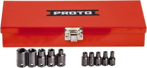 Proto - 10 Piece 1/4" & 3/8" Drive Black Finish Impact Socket Set - 6, 12 Points, 1/4" to 16" (E4 to E16) Range, Torx Measurement Standard - Top Tool & Supply