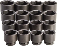 Proto - 16 Piece 1" Drive Full Polish Finish Impact Socket Set - 6 Points, 2-1/16" to 3" Range, Inch Measurement Standard - Top Tool & Supply