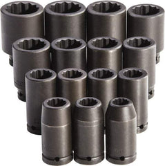 Proto - 15 Piece 3/4" Drive Full Polish Finish Deep Well Impact Socket Set - 12 Points, 19mm to 43mm Range, Metric Measurement Standard - Top Tool & Supply