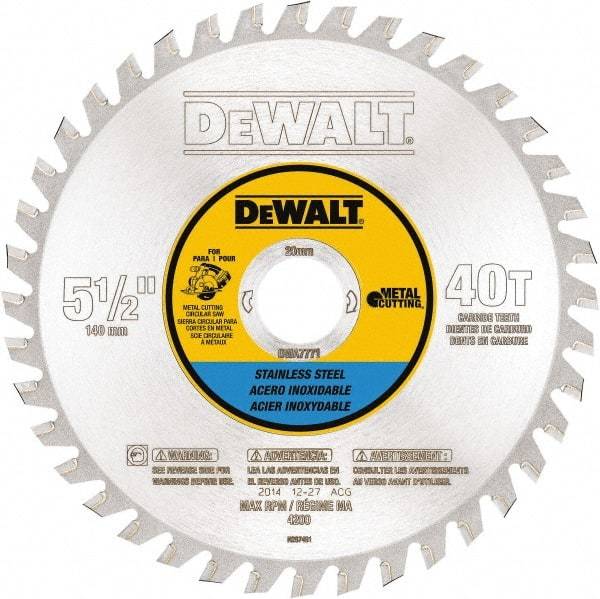 DeWALT - 5-1/2" Diam, 25/32" Arbor Hole Diam, 40 Tooth Wet & Dry Cut Saw Blade - Steel, Crosscutting Action, Standard Round Arbor - Top Tool & Supply