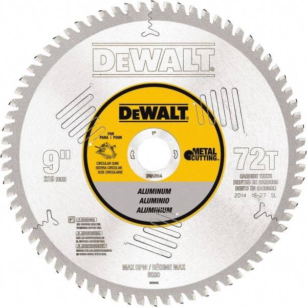 DeWALT - 9" Diam, 1" Arbor Hole Diam, 72 Tooth Wet & Dry Cut Saw Blade - Steel, Crosscutting Action, Standard Round Arbor - Top Tool & Supply