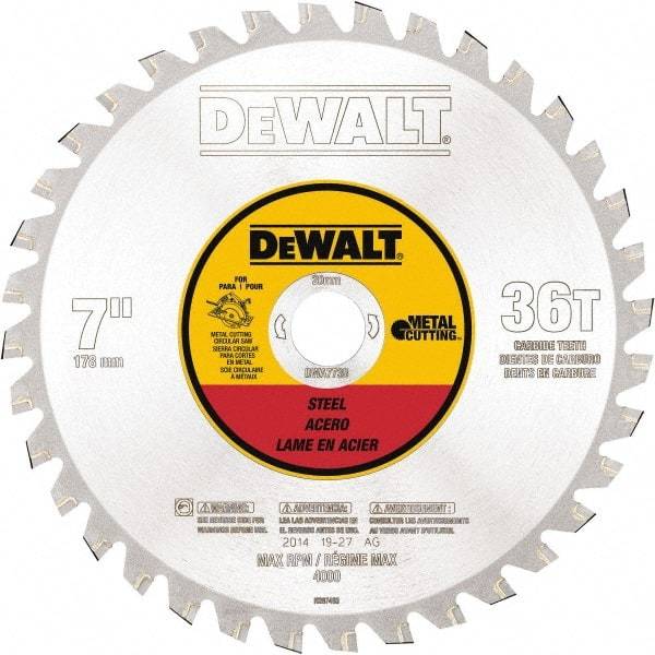 DeWALT - 7" Diam, 25/32" Arbor Hole Diam, 36 Tooth Wet & Dry Cut Saw Blade - Steel, Crosscutting Action, Standard Round Arbor - Top Tool & Supply