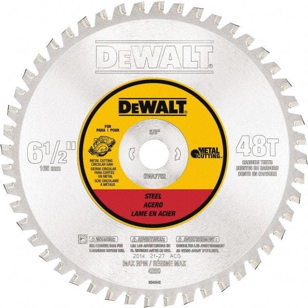 DeWALT - 6-1/2" Diam, 5/8" Arbor Hole Diam, 48 Tooth Wet & Dry Cut Saw Blade - Steel, Crosscutting Action, Standard Round Arbor - Top Tool & Supply