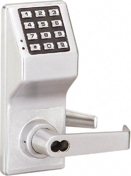 Alarm Lock - Combination Entry Lever Lockset with Key Override - 2-3/4" Back Set, Steel, Brushed Chrome Finish - Top Tool & Supply