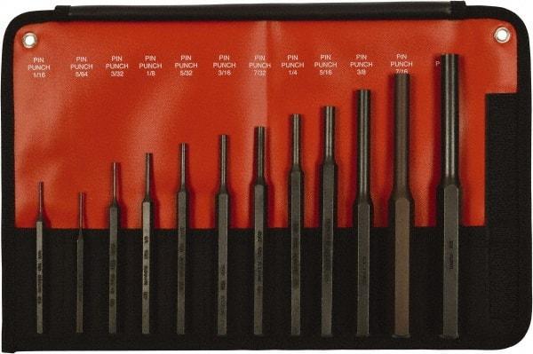 Mayhew - 12 Piece, 1/16 to 1/2", Pin Punch Set - Hex Shank, Steel, Comes in Kit Bag - Top Tool & Supply