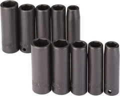 Proto - 10 Piece 1/2" Drive Black Finish Deep Well Impact Socket Set - 6 Points, 1/2" to 13/16" (13mm to 21mm) Range, Inch/Metric Measurement Standard - Top Tool & Supply