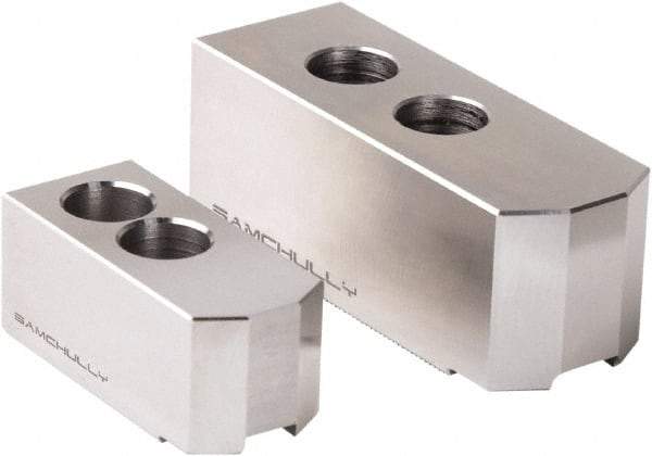 Samchully - 450mm Max Chuck Capacity, 1.5mm x 60° Serrated Interface, Square Soft Lathe Chuck Jaw - 3 Jaw, Steel, 43mm Btw Mount Hole Ctrs, 165mm Long, 62mm Wide, 66mm High, 22mm Groove, M20mm Fastener - Top Tool & Supply