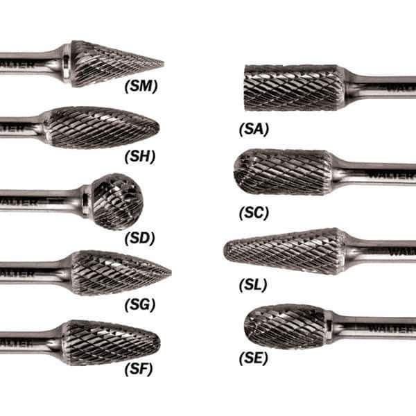 WALTER Surface Technologies - 3/8" Cut Diam, 1/4" Shank Diam, Cylinder Ball End Head Single Cut Burr - Tungsten Carbide, 3/4" LOC, 3-3/4" OAL - Top Tool & Supply