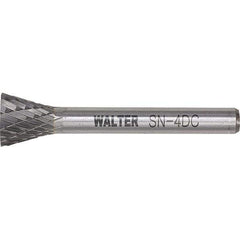 WALTER Surface Technologies - 1/4" Cut Diam, 1/4" Shank Diam, Inverted Cone Head Double Cut Burr - Tungsten Carbide, 3/4" LOC, 4-3/4" OAL - Top Tool & Supply