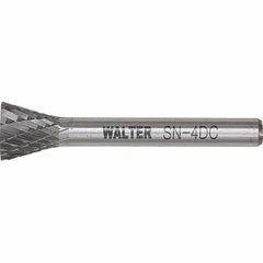 WALTER Surface Technologies - 1/4" Cut Diam, 1/4" Shank Diam, Inverted Cone Head Double Cut Burr - Tungsten Carbide, 1/2" LOC, 4-1/2" OAL - Top Tool & Supply