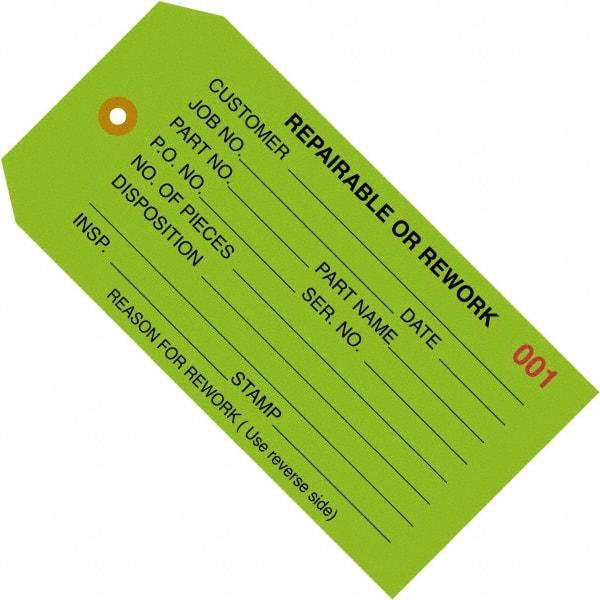 Made in USA - 4-3/4" High x 2-3/8" Long, REPAIRABLE OR REWORK, English Safety & Facility Inspection Tag - Green Cardstock - Top Tool & Supply