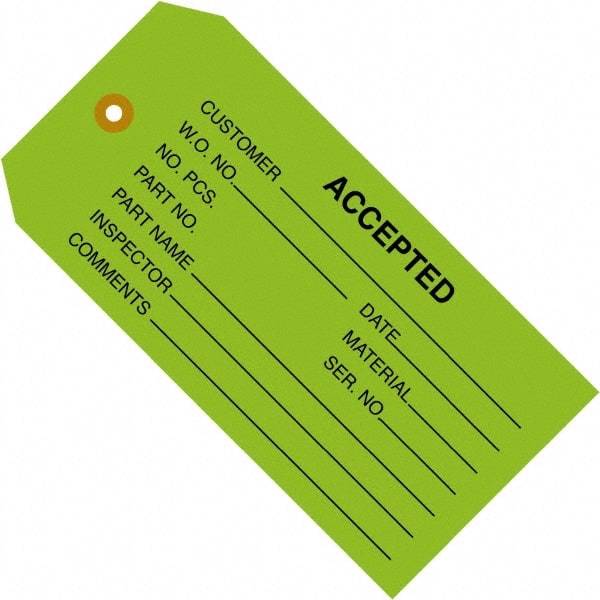 Made in USA - 4-3/4" High x 2-3/8" Long, ACCEPTED, English Safety & Facility Inspection Tag - Green Cardstock - Top Tool & Supply