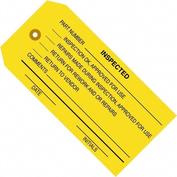 Made in USA - 4-3/4" High x 2-3/8" Long, Inspected, English Safety & Facility Inspection Tag - Yellow Cardstock - Top Tool & Supply