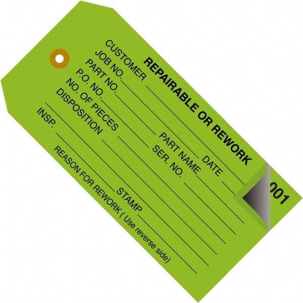 Made in USA - 4-3/4" High x 2-3/8" Long, REPAIRABLE OR REWORK, English Safety & Facility Inspection Tag - Green Cardstock - Top Tool & Supply