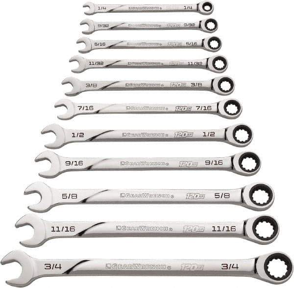 GearWrench - 11 Piece, 1/4" to 3/4", Ratcheting Combination Wrench Set - Inch Measurement Standard, Chrome Finish - Top Tool & Supply