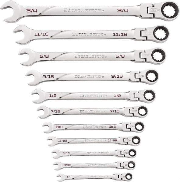 GearWrench - 11 Piece, 1/4" to 3/4", Ratcheting Flexhead Combination Wrench Set - Inch Measurement Standard, Chrome Finish - Top Tool & Supply