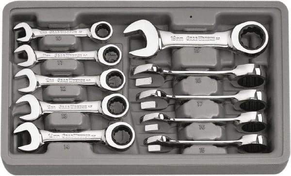 GearWrench - 10 Piece, 10mm to 19mm, 12 Point Ratcheting Combination Wrench Set - Metric Measurement Standard, Chrome Finish, Comes in Plastic Tray - Top Tool & Supply