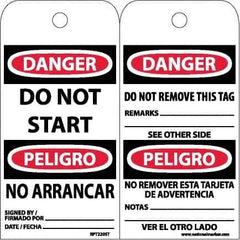 NMC - 6" High x 3" Long, DANGER - DO NOT START, English & Spanish Safety & Facility Accident Prevention Tag - Tag Header: Danger, 2 Sides, White Poly - Top Tool & Supply