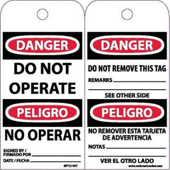 NMC - 6" High x 3" Long, DANGER - DO NOT OPERATE, English & Spanish Safety & Facility Accident Prevention Tag - Tag Header: Danger, 2 Sides, White Poly - Top Tool & Supply