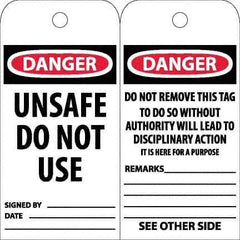 NMC - 6" High x 3" Long, DANGER - UNSAFE DO NOT USE, English Safety & Facility Accident Prevention Tag - Tag Header: Danger, 2 Sides, White Poly - Top Tool & Supply