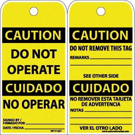 NMC - 6" High x 3" Long, CAUTION - DO NOT OPERATE, English & Spanish Safety & Facility Accident Prevention Tag - Tag Header: CAUTION, 2 Sides, White Poly - Top Tool & Supply