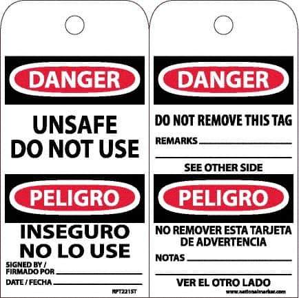 NMC - 6" High x 3" Long, DANGER - UNSAFE DO NOT USE, English & Spanish Safety & Facility Accident Prevention Tag - Tag Header: Danger, 2 Sides, White Poly - Top Tool & Supply