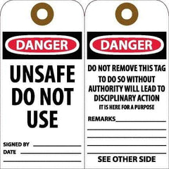 NMC - 6" High x 3" Long, DANGER - UNSAFE DO NOT USE, English Safety & Facility Accident Prevention Tag - Tag Header: Danger, 2 Sides, White Unrippable Vinyl - Top Tool & Supply