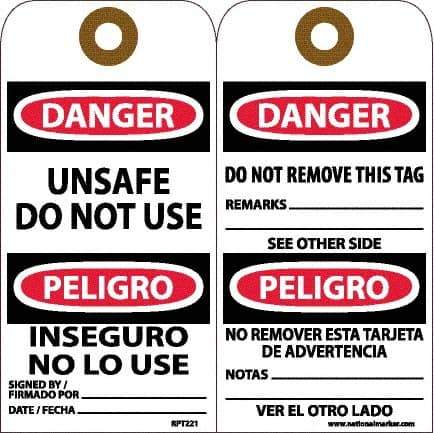 NMC - 6" High x 3" Long, DANGER - UNSAFE DO NOT USE, English & Spanish Safety & Facility Accident Prevention Tag - Tag Header: Danger, 2 Sides, White Unrippable Vinyl - Top Tool & Supply