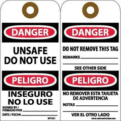 NMC - 6" High x 3" Long, DANGER - UNSAFE DO NOT USE, English & Spanish Safety & Facility Accident Prevention Tag - Tag Header: Danger, 2 Sides, White Unrippable Vinyl - Top Tool & Supply