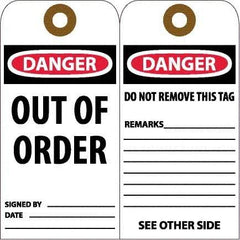 NMC - 6" High x 3" Long, DANGER - OUT OF ORDER, English Safety & Facility Accident Prevention Tag - Tag Header: Danger, 2 Sides, White Unrippable Vinyl - Top Tool & Supply